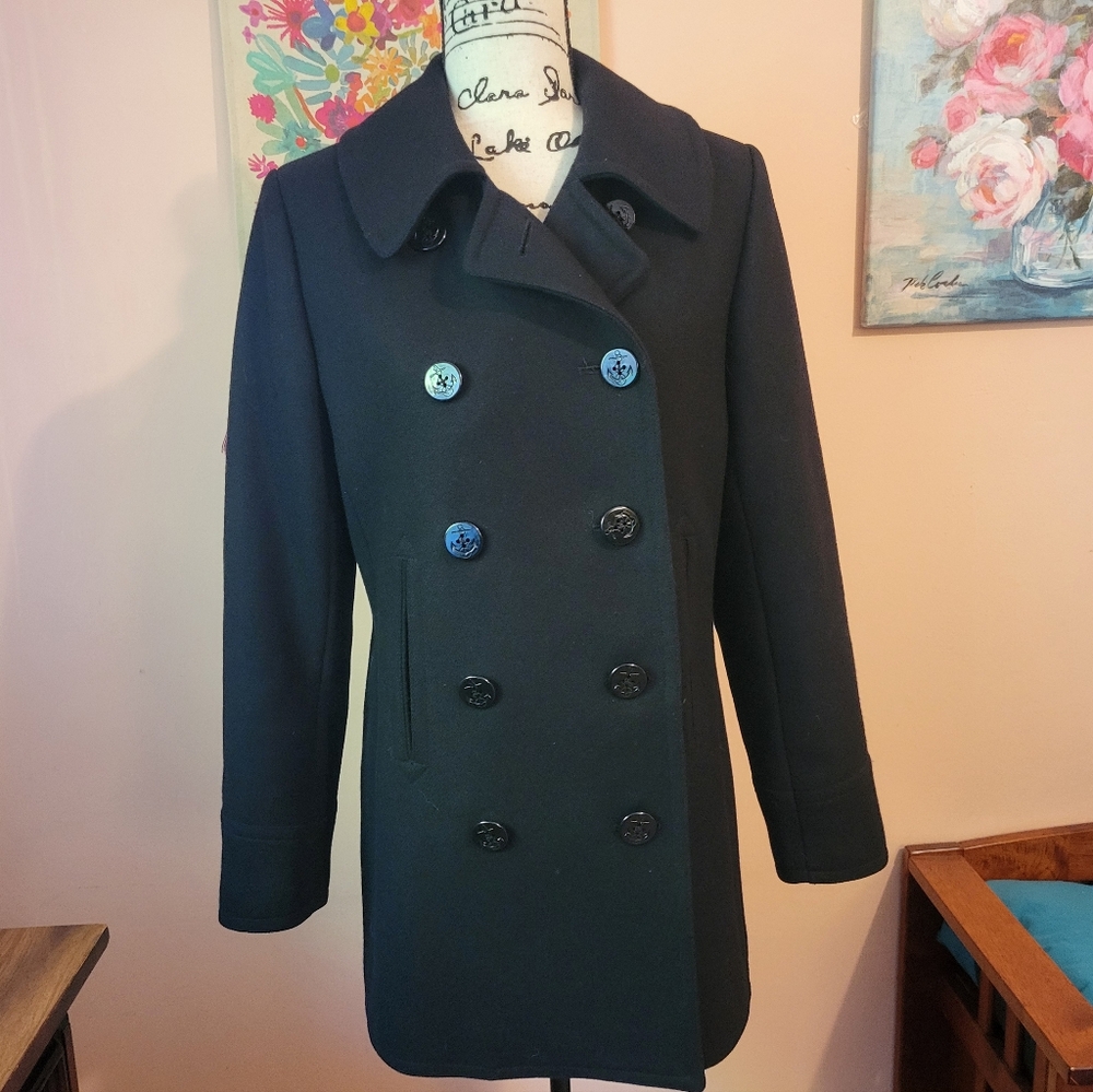 Trina Turk MSRP $589 Lambswool Blend Double- Breasted Black Pea Coat, 10, EUC - Picture 6 of 16